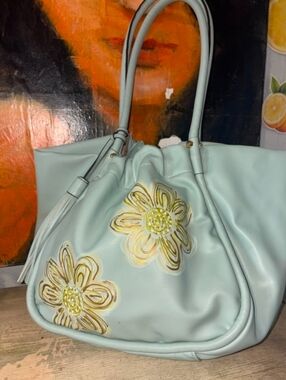 Landry Light Blue Floral Shoulder Satchel Bag Handpainted